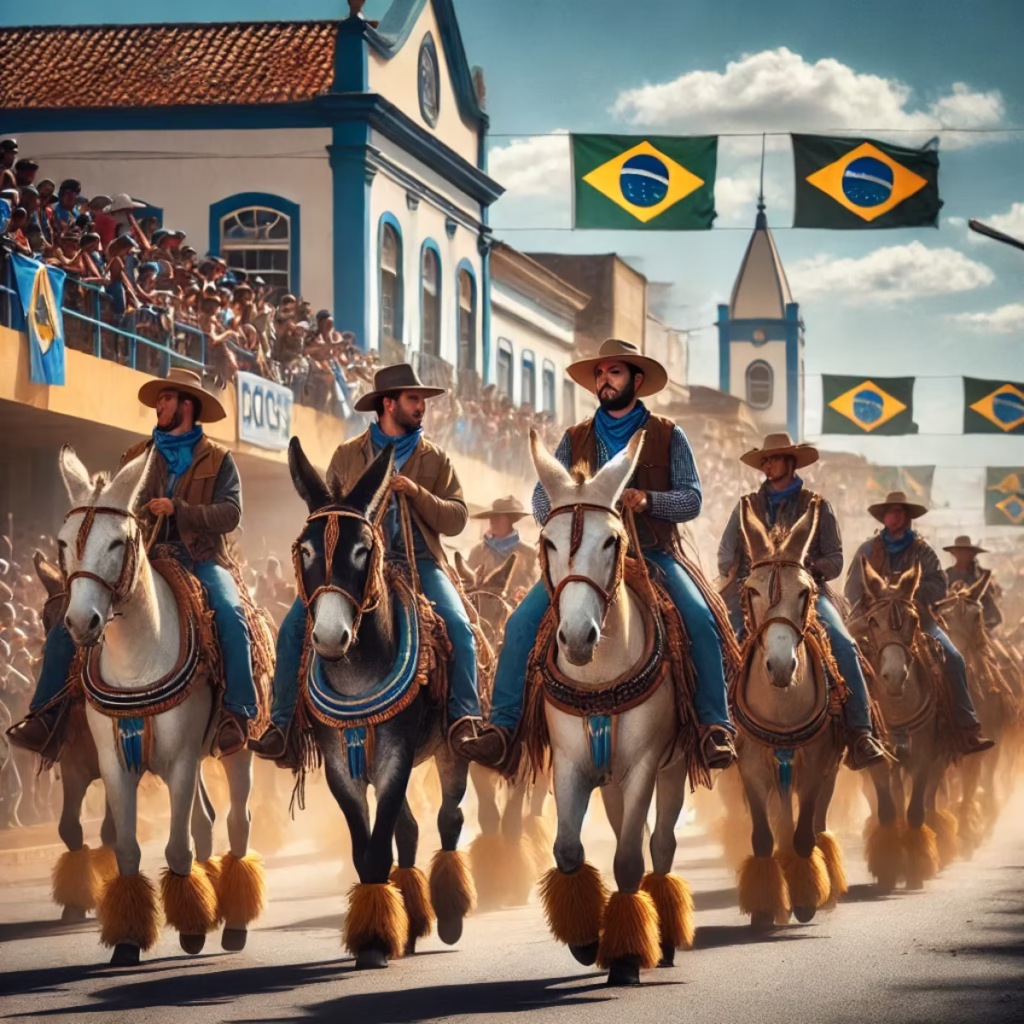 Desfile de muares no 17º Encontro Nacional de Muladeiros 2025 em Iporá, Goiás, com cavaleiros tropeiros e bandeiras ao fundo.