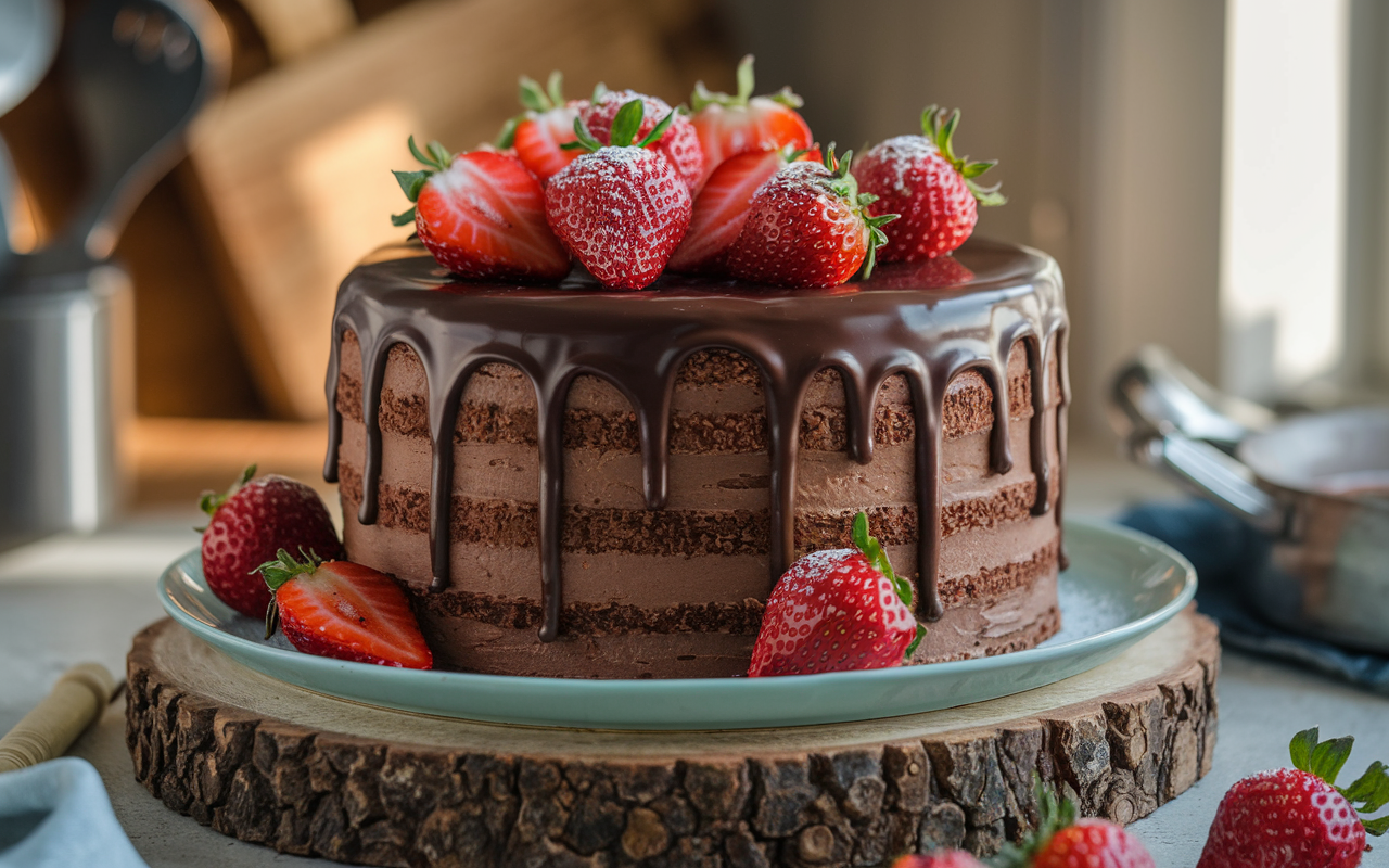 Bolo de chocolate com morango decorado com ganache brilhante e morangos frescos. Receita fácil e deliciosa de bolo com camadas de chocolate e morango, perfeito para festas e sobremesas especiais.